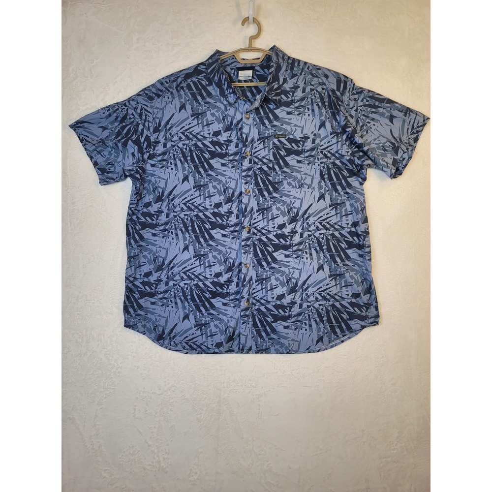 Columbia Festive Resortwear Short Sleeve Shirt Island Blue Leaf Print Size 2XL
